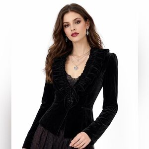 Zara Velvet Blazer Medium Black Ruffle Trim Fitted Evening Jacket Goth Romantic
